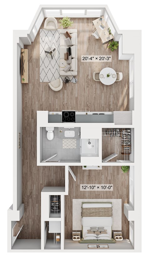 A floor plan of a small apartment with a kitchen, living room, and bedroom.